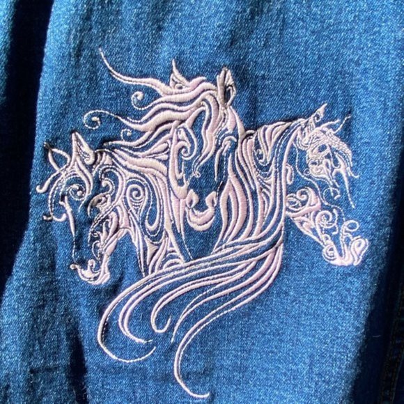 Shelly & Arnold Western Denim Jean Vest SZ S Custom Embroidered Horses Heads - Picture 5 of 6